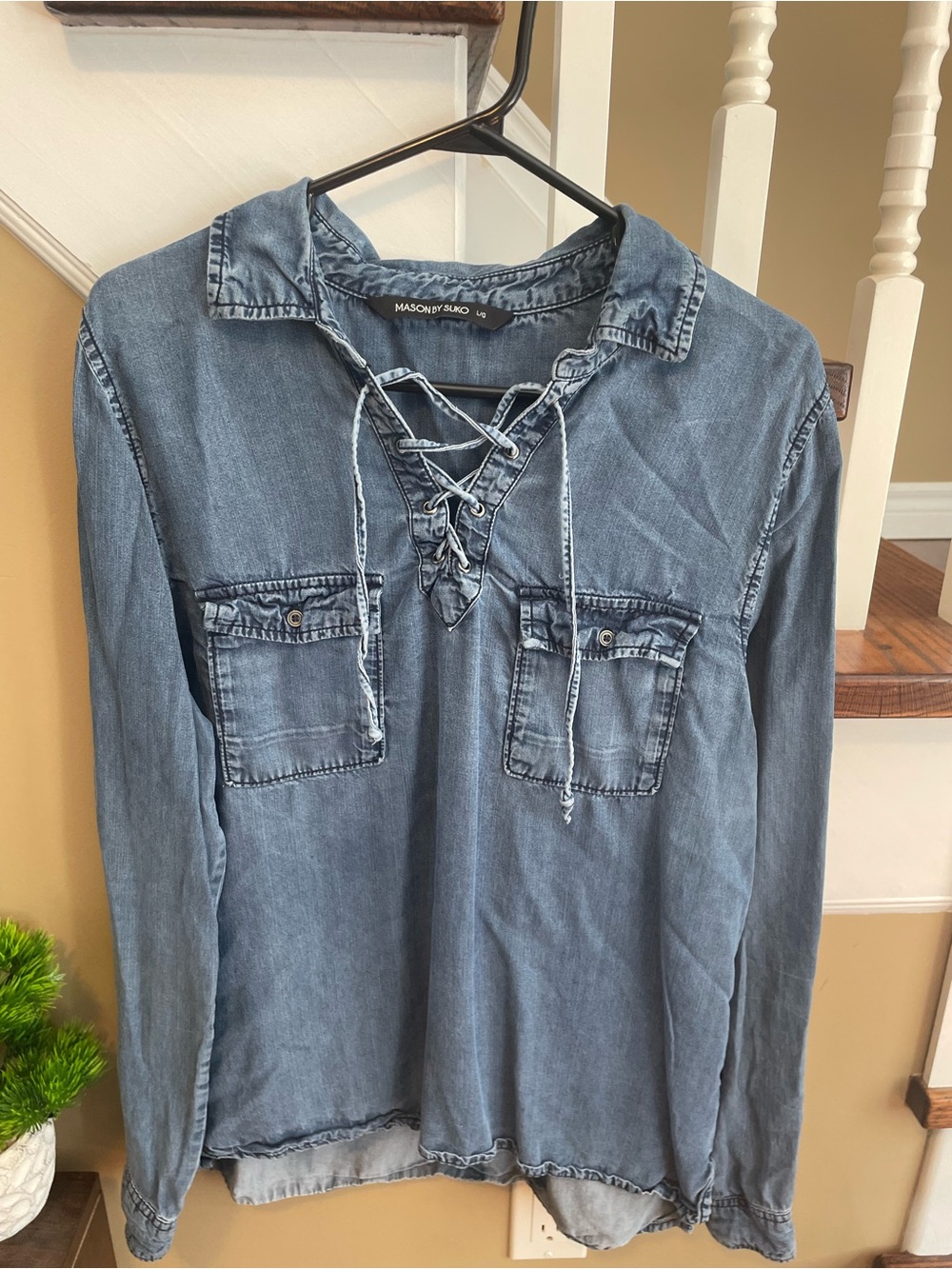 Mason by Suko Lace-Up Chambray Shirt - Blue